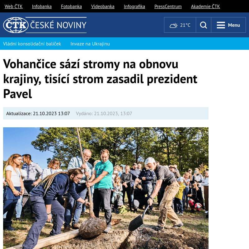 Článek na serveru ČTK České noviny - Vohančice sází stromy na obnovu krajiny, tisící strom zasadil prezident Pavel