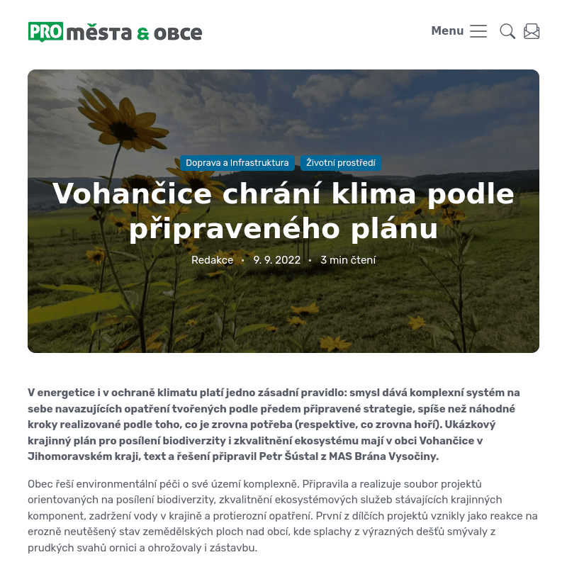 Článek na serveru Pro města & obce - Vohančice chrání klima podle připraveného plánu